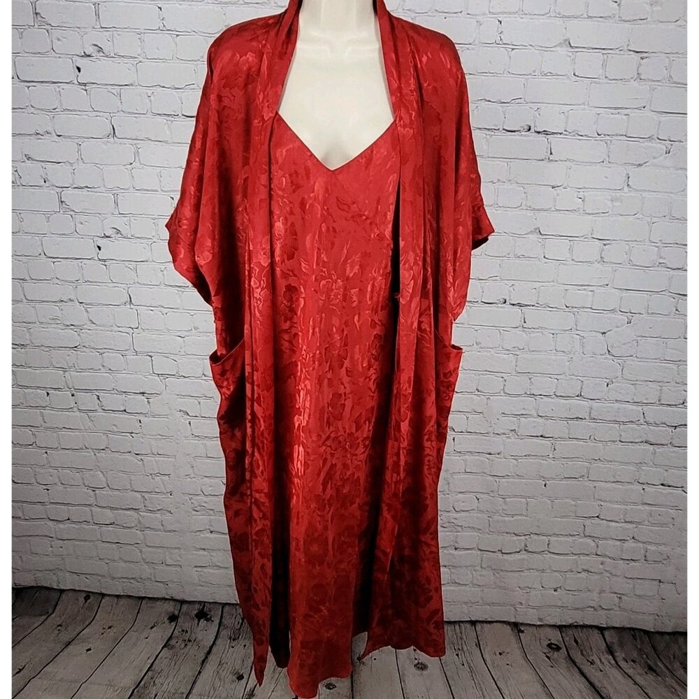 Me 2 Miss Elaine Red Satin Floral Nightgown & Robe 2 Piece Set Size M/L